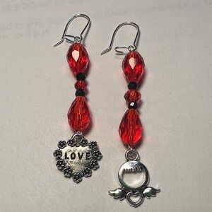 Hand Crafted Red, Silver and Black Earrings with love Charms